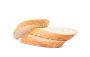 Slices of fresh baguette on white background
