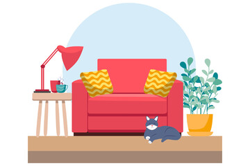 Living room with furniture. Cozy interior with sofa and tv. Flat style illustration.