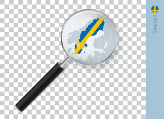Sweden map with flag in magnifying glass on transparent background.