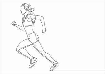 Fototapeta na wymiar Continuous line drawing. Sport running woman on white background. Vector illustration