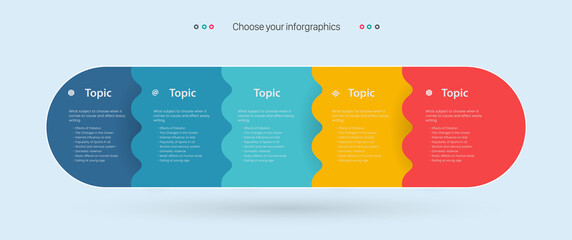 Colorful Vector Infographic label design with 5 icons and 5 options or steps with design of Infographics for business concept. Can be used for presentations banner, workflow layout, process diagram.ep
