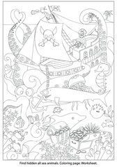 Fototapeta na wymiar Find and coloring all ocean animals. Pirates on board fight with Octopus on sea. Marine life. Search hidden objects in the picture. Education Puzzle Sketch vector illustration