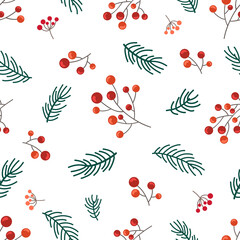 Orange and red berries of rowan, fir branches on white background. Seamless winter doodle pattern. Suitable for packaging, wallpaper.