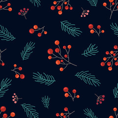 Fototapeta na wymiar Rowan and fir branches, small berries on a dark blue-violet background. Seamless winter doodle pattern. Suitable for packaging, wallpaper.