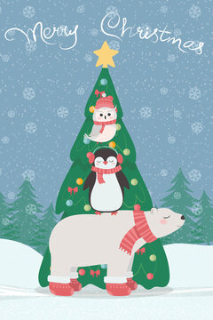 Christmas greeting card with Christmas tree and cute animals, polar bear, snowy owl, penguin, and the inscription Merry Christmas