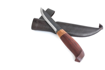 finnish puukko knife with leather case isolated on white