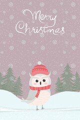 Christmas greeting card with cute polar owl. With the inscription Merry Christmas.