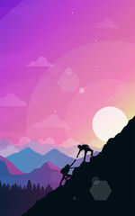 Fototapeta premium Climb to the top of the mountain. Helping hand. Travel concept of discovering, exploring, observing nature. Hiking tourism. Adventure. Minimalist graphic flyer. Polygonal flat design. 