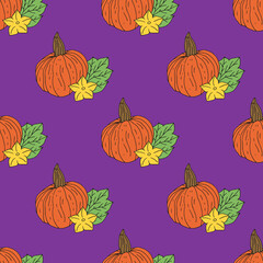 Seamless pattern with hand drawn pumpkins. Purple background. Autumn digital paper.