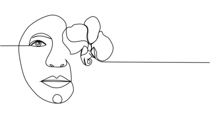 Woman face with flowers one line drawing. Continuous line drawing art. Flower bouquet in woman