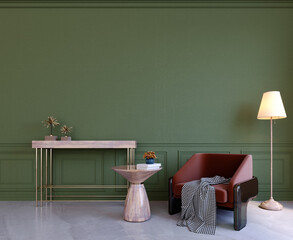 3d rendering,3d illustration, Interior Scene and  Mockup,Luxury living corner, green wall, red armchair.