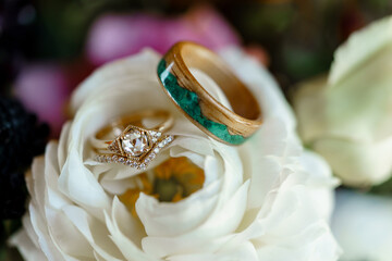 Wedding rings inside a flower Two Wedding rings inside a white rose elegant diamond ring and gold with green ring inside white rose taken closeup Marriage concept