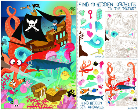 Pirates ship battle with octopus on sea. Find all ocean animals. Marine life. Search 10 hidden objects in the picture. Education Puzzle Hidden Items. Sketch vector illustration. Set