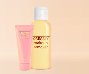 Creamy cleansers on beige background. Makeup remover