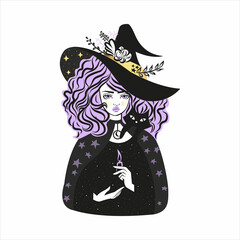 Cute witch and cat wearing hat with stars and leaves. Vector illustration