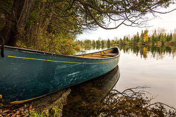 A canoe on the Madawaska River on a fall day in Eastern Ontario, Canada