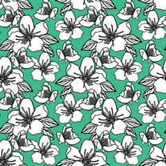 Seamless pattern with hand drawn apple or cherry tree flowers. Blue background. Nature digital paper.