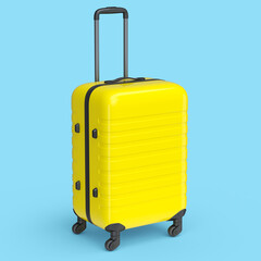 Small yellow polycarbonate suitcase isolated on blue background.