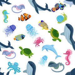 Marine life, fish, animals bright seamless pattern. sea travel, underwater diving animal tropical fish. Jellyfish, whale, shark, seahorse, clown fish, dolphin, turtle, emperor