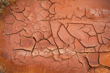 Crack soil ground texture. The natural texture of soil with cracks. Broken clay surface of barren dryland wasteland closeup. Full frame to terrain with arid climate. The surface of the land is cracked