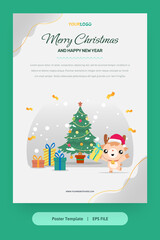 Fototapeta premium Flat Illustration, Poster Template with reindeer, christmas tree and gifts