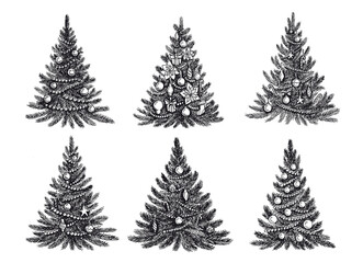 Christmas tree set, Merry Christmas and a Happy New Year. Hand drawn illustrations. 
