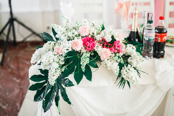 Interior of a restaurant prepared for wedding ceremony