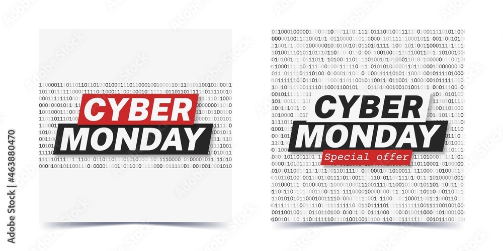 Poster set of square cyber monday promotion banners for social media. white background with binary code pat