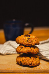 homemade chocolate chip cookies on a wooden board