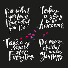 Vector calligraphy quotes, white chalk sayings on black background.