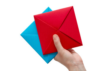 Korean paper flip cards in woman's hand. Isolated on white background.