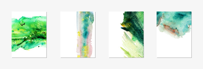 Hand drawn vector watercolor abstract background in bright green color with drops and stains