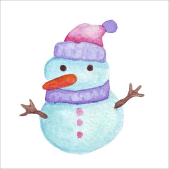Watercolor snowman vector illustration. Snowman in a winter hat and scarf. Carrot nose.