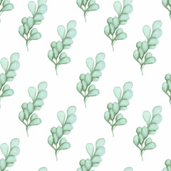 Watercolor pattern with eucalyptus branches on a white background.