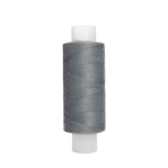 Spool of grey sewing thread isolated on white
