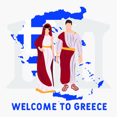 Travel to Greece. Greek family on the background of the map of Greece. National white clothes. Vector illustration. Welcome to Greece.