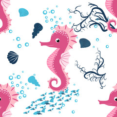 Seahorse, sea inhabitants seamless pattern, beautiful character among seashells, seaweed, starfish, marine