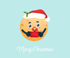 Cute little moon holding gift with santa hat for merry christmas illustration Premium Vector