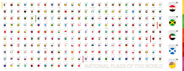 Collection of label flags of the world, national flags sorted by continent.