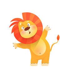 Cute baby lion curious asking question. Clipart for kids isolated on white. Children amusing wild lion animal design. Vector illustration in watercolor style.