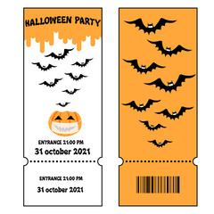 Two sides of a Halloween ticket template in flat style. Vector illustrations with symbols of the holiday, characters in protective masks, protection from infection with COVID-19.