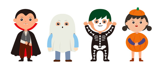 Set of cute kids with halloween costume in flat design Vector