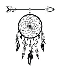 Hand drawn sketch of Amulet of the Dream catcher on a white background. Dream catcher amulet. Vector illustration.