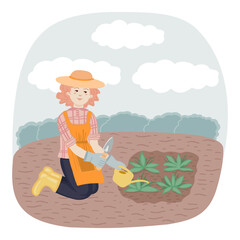 The girl is engaged in gardening watering plants in the garden. The girl grows plants in the backyard in the garden. Сountryside lifestyle. Vector character illustration.