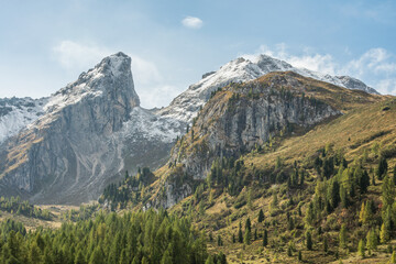 Scenic landscape of Dolomites in Italy during autumn time