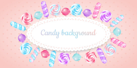 Vector realistic striped swirl lollipops background with an oval copy space. Three-dimensional spiral and spherical blue and purple glossy candies on sticks on a pink backdrop with hearts