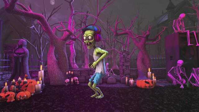 Seamless animation of a clubber zombie house dancing in a party in a graveyard. Funny cartoon character for Halloween background.