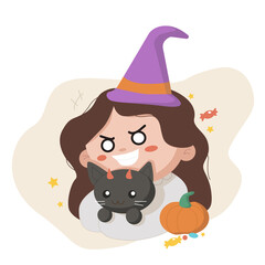 Halloween witch girl with pumpkin and black cat