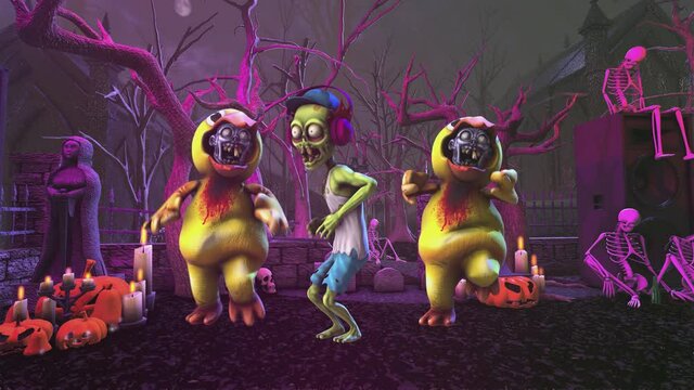 Seamless animation of a clubber zombie house dancing in a party in a graveyard with chicken disguise. Funny cartoon character for Halloween background.