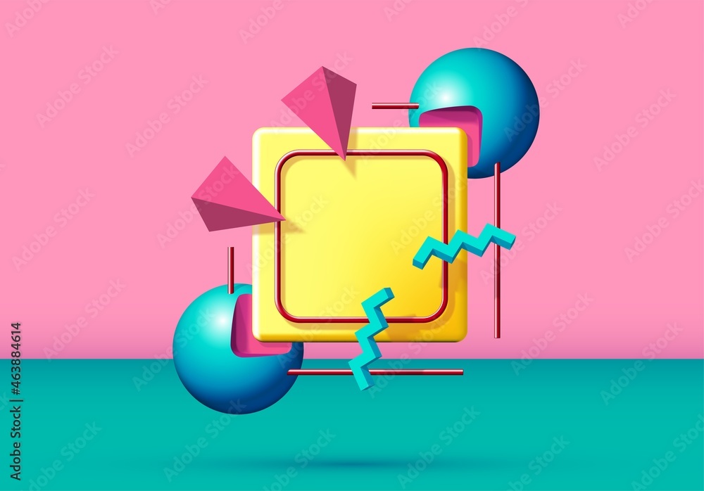 Poster Abstract 90s styled frame with flying 3d objects and shapes. Pink and green background.